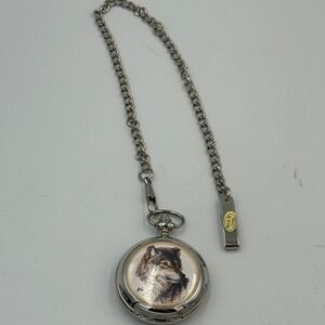 Westminster Wolf Pocket Watch Silver‎ Tone Hunter Case Wildlife Graphic & Chain